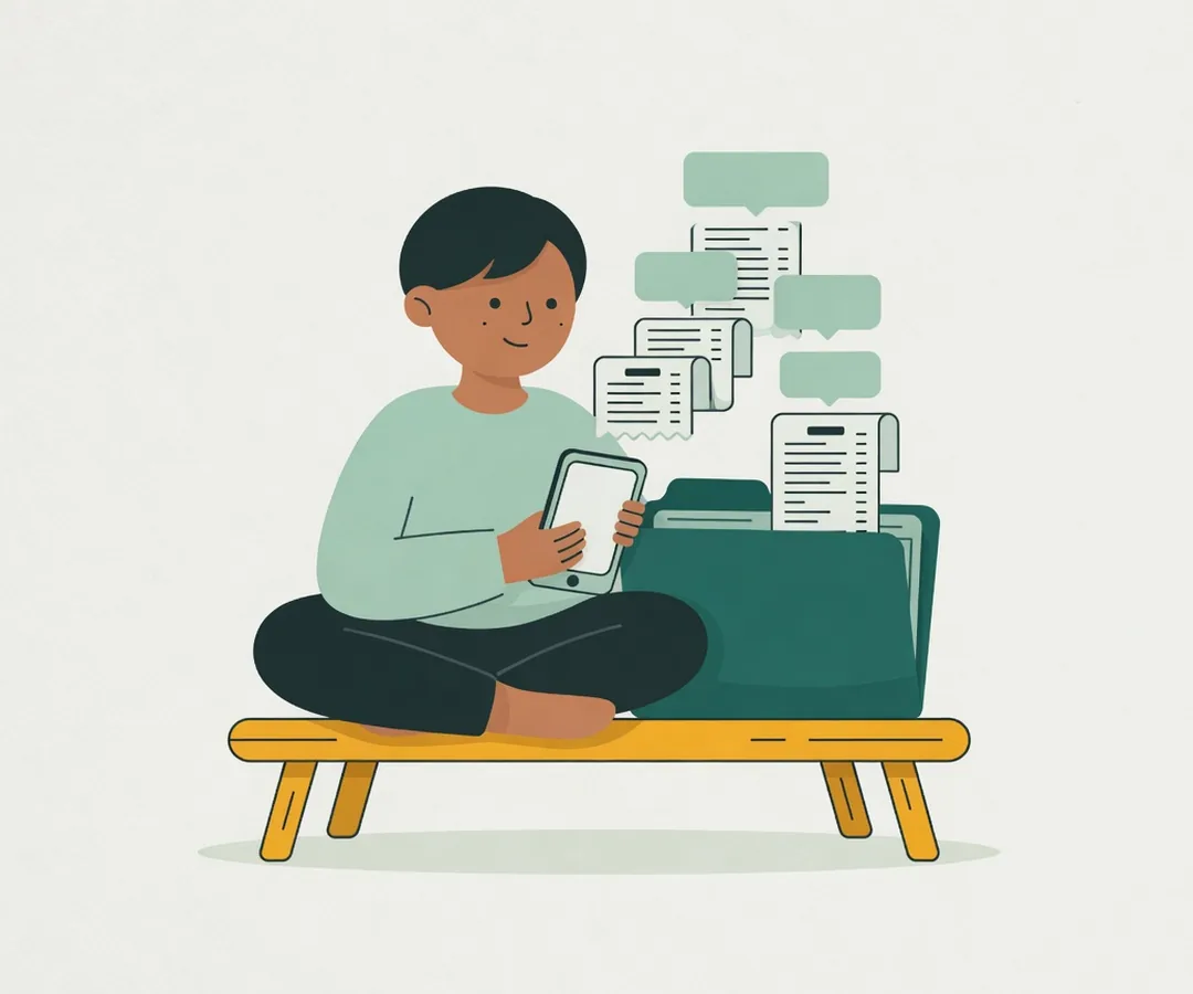 A person holding a phone while receipts file themselves into a folder
